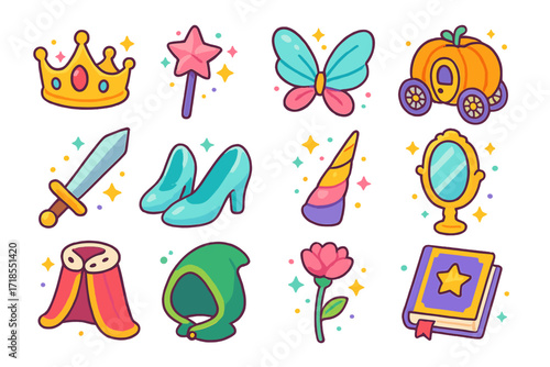 Fairytale Party Icons. Colorful isometric vector icons set of fairytale party costumes: princess crown, enchanted wand, fairy wings, pumpkin carriage prop,