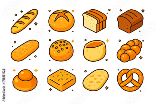 Isometric Bread Icons. Colorful isometric vector icons set of types of bread: baguette, sourdough round, sliced white bread, rye loaf, ciabatta, multigrain