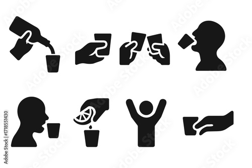 Shot Drinking Icons. Solid, filled icon set of shot drinking actions: pouring shot, raising glass, toasting, drinking fast, licking salt, squeezing lime,