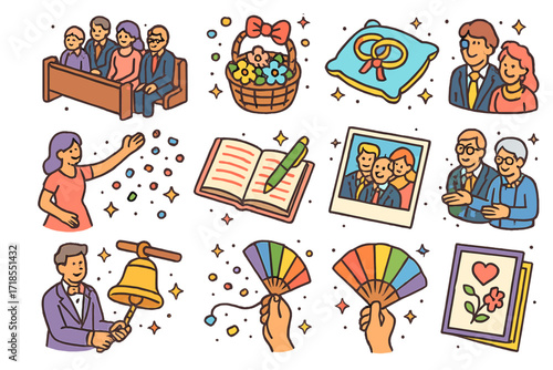 Wedding Icons Extravaganza. Colorful isometric vector icons set of Wedding guests and traditions: family in pews, flower girl basket, ring bearer pillow,