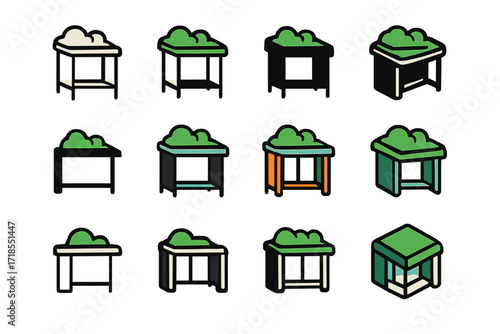 Eco-Friendly Bus Stop Logos. Set Logo of Urban Green Spaces: Eco-Friendly Bus Stop with Green Roof. Logo set in vector style, emblematic variations. line, bold