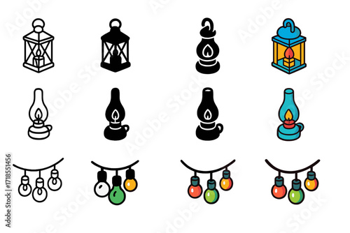 Retro Lighting Icons. Icon Set of Retro summer lighting: candle lantern, oil lamp, string lights. Icons set in vector style, emblematic variations. Candle