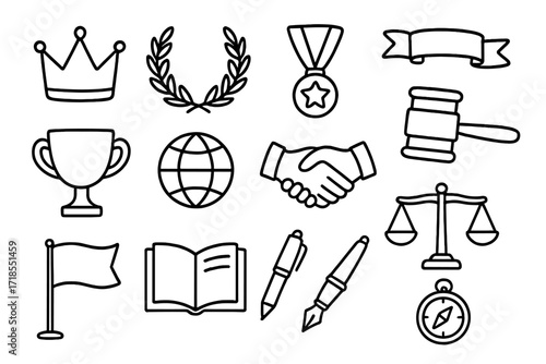 Leadership Symbols Icons. Hand-drawn doodle illustration leadership symbols crown, laurel wreath, star, medal, ribbon, trophy, globe, handshake, scales, gavel,