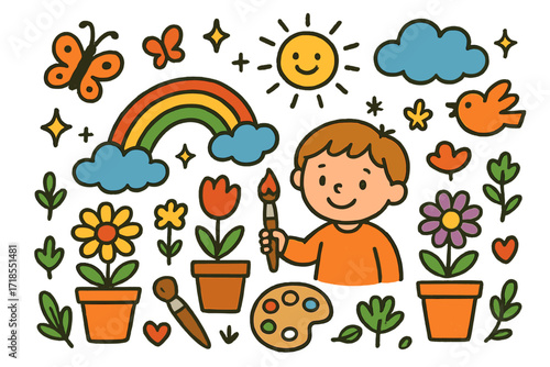Garden Kids' Art. Colorful Hand-drawn doodle Children illustration Painting in the Garden flower pots, paintbrush, rainbow, butterfly, flowers, sun, smiling