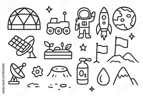 Mars Base Doodle Icons. Hand-drawn doodle illustration Future Mars base habitat dome, rover, astronaut, rocket, flag, solar panel, greenhouse, satellite dish,