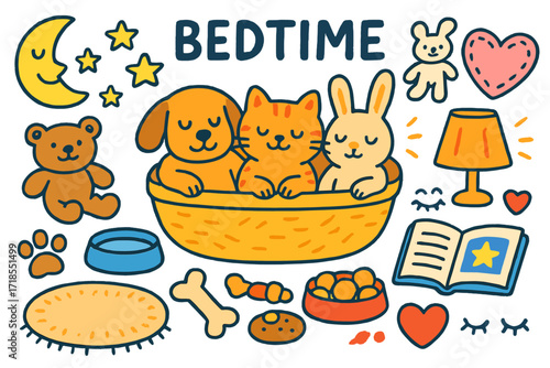 Animal Friends Bedtime. Colorful Hand-drawn doodle Children illustration Animal friends bedtime dog, cat, rabbit, cozy basket, moon, stars, cuddly toys, soft