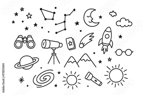 Celestial Object Doodles. Hand-drawn doodle illustration constellations star, constellation lines, moon, telescope, binoculars, notebook, cloud, mountain,