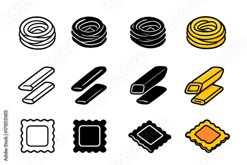 Pasta Icons Collection. Icon Set of Pasta Shapes: Spaghetti nest, Penne, Ravioli. Icons set in vector style, emblematic variations. Spaghetti nest line,