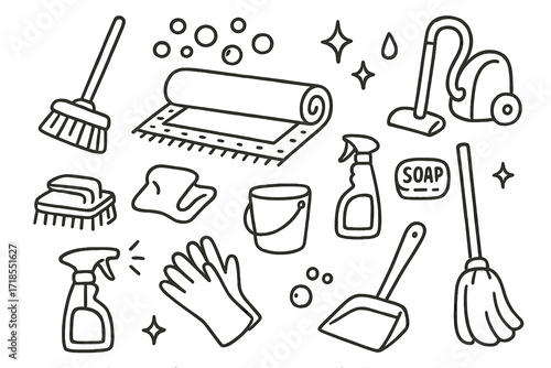 Cleaning Tools Icons. Hand-drawn doodle illustration Maintaining rugs broom, dustpan, vacuum cleaner, carpet, rug, brush, cloth, spray, soap, bucket, mop,