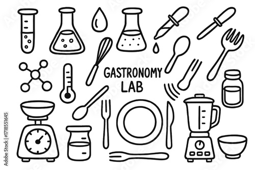 Gastronomy Lab Doodle. Hand-drawn doodle illustration Gastronomy lab test tube, flask, beaker, droplet, pipette, whisk, spoon, fork, plate, thermometer,