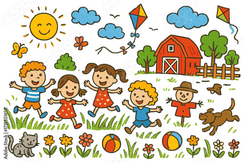 Farmyard Fun Adventure. Colorful Hand-drawn doodle Children illustration Children playing and running through tall grass on a farm children running, tall