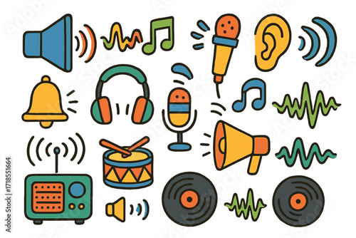 Sound Waves Doodle. Colorful Hand-drawn doodle Children illustration [Sound ripple waves] [speaker, sound waves, music note, ear, microphone, echo lines,