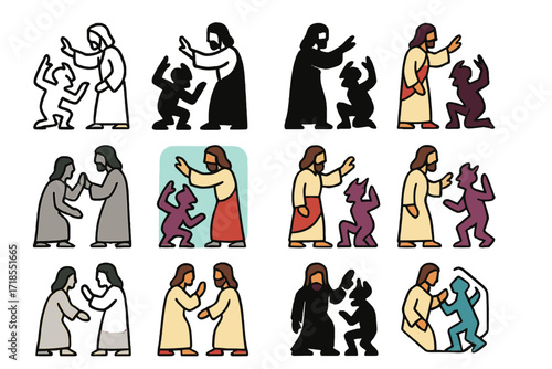 Miracles Logo Set. Set Logo of Jesus' Miracles: Casting out demons. Logo set in vector style, emblematic variations. line, bold thick line, solid black filled,