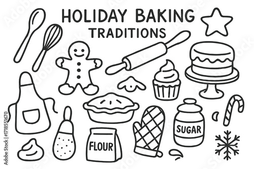 Holiday Baking Doodles. Hand-drawn doodle illustration Holiday baking traditions [wooden spoon, whisk, rolling pin, star cookie, gingerbread, pie, cupcake,