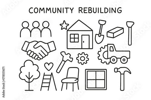 Community Rebuilding Doodles. Hand-drawn doodle illustration Community rebuilding blueprint, modular house, group of people, handshake, shovel, brick, hammer,