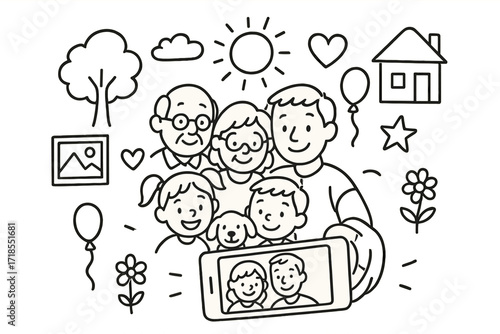 Family Selfie Doodle. Hand-drawn doodle illustration Family selfie smartphone, smiling faces, parents, kids, grandparents, pet, tree, sun, cloud, heart, star,