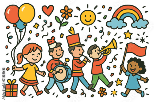 Balloon Parade Celebration. Colorful Hand-drawn doodle Children illustration Balloon Parade [balloon, marching band, flag, drum, trumpet, confetti, star,