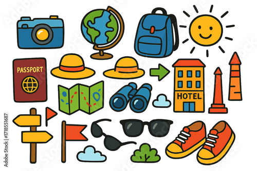 Travel Adventure Doodles. Colorful Hand-drawn doodle Children illustration Tourist Site camera, globe, backpack, passport, sun hat, map, binoculars, hotel,