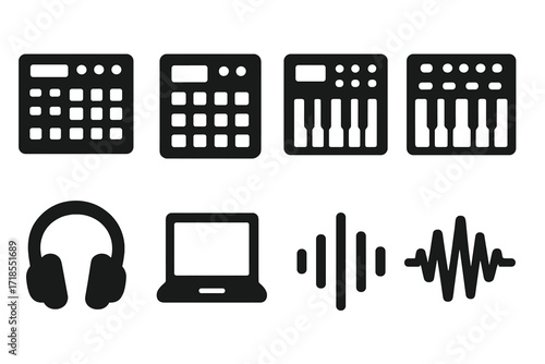 Beatmaker Tools Icon Set. Solid, filled icon set of beatmaker tools: drum machine, sampler, MIDI controller, synthesizer, mixer, headphones, laptop, sound