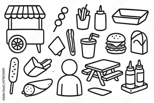 Street Food Doodle. Hand-drawn doodle illustration [Street food snacks] [food cart, skewers, fries, sauce bottles, paper tray, napkin, tongs, soda cup, mini