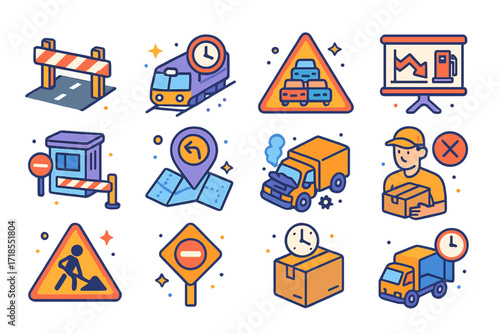 Logistics Setback Icons. Colorful isometric vector icons set of Logistics and Transportation Setbacks: blocked highway, delayed train icon, traffic jam sign,