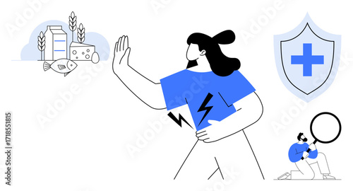 Woman gesturing stop toward dairy, fish, and processed food representing food safety and allergies. Shield with medical cross and inspector with magnifying glass emphasize protection. Ideal