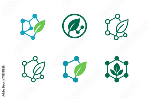 Biotechnology Logo Designs. Biotechnology. Set Logo of Biotechnology: Molecular network. harmonious logo variations of the same emblematic concept, each with
