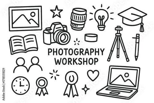 Photography Workshop Icons. Hand-drawn doodle illustration Photography workshop camera, lens, tripod, book, graduation cap, light bulb, photo frame, laptop,