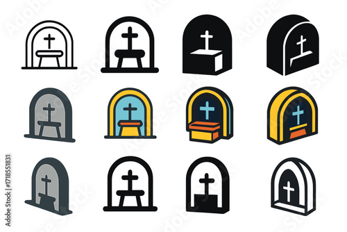 Church Altar Logos. Set Logo of Church Altar: altar under arch. Logo set in vector style, emblematic variations. line, bold thick line, solid black filled,