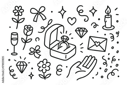 Proposal Ring Doodle. Hand-drawn doodle illustration Proposal ring box [ring, open box, heart, sparkle, flower, ribbon, bow, star, swirl, envelope, champagne