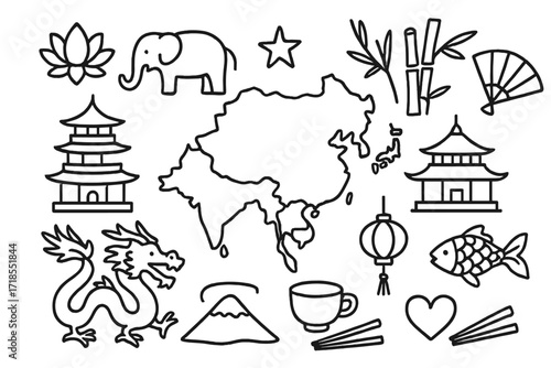Asia Doodle Icons. Hand-drawn doodle illustration Asia continent [pagoda, lotus flower, elephant, dragon, bamboo, fan, mountain, temple, star, map outline, tea