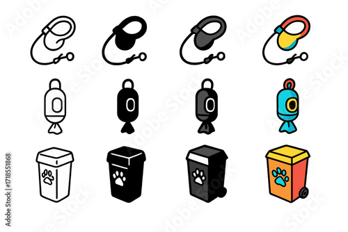 Dog Walk Cleanup Icons. Icon Set of Dog Walk Cleanup: Leash, Dog waste bag dispenser, Disposal bin. Icons set in vector style, emblematic variations. Leash