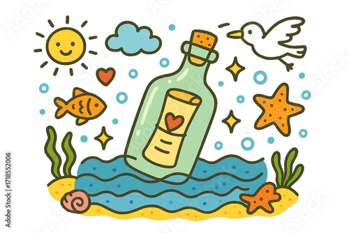 Ocean Adventure Doodle. Colorful Hand-drawn doodle Children illustration ocean bottles floating bottle, cork, ocean waves, starfish, fish, seaweed, sand,
