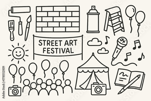 Street Art Festival Vibes. Hand-drawn doodle illustration Street art festival mural wall, spray can, paint roller, brushes, ladder, microphone, music notes,