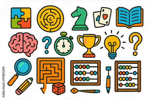 Colorful Learning Icons. Colorful Hand-drawn doodle Children illustration memory training puzzle piece, jigsaw, maze, chess piece, book, brain, card deck,
