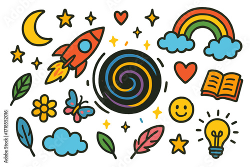 Whimsical Voyage into Cosmos. Colorful Hand-drawn doodle Children illustration Into the Void black hole, rocket, spiral, rainbow, moon, stars, heart, cloud,