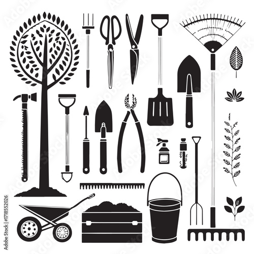 Black outdoor and gardening tools Silhouette Vector, High Quality Illustration on White Background
