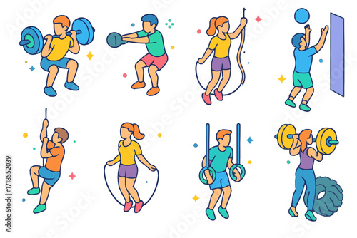 Colorful CrossFit Icons. Colorful isometric vector icons set of CrossFit workouts: barbell squat, kettlebell swing, box jump, wall ball throw, rope climb,