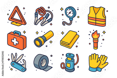 Emergency Kit Essentials Icons. Colorful isometric vector icons set of emergency roadside kit essentials: warning triangle, jumper cables, tire pressure gauge,
