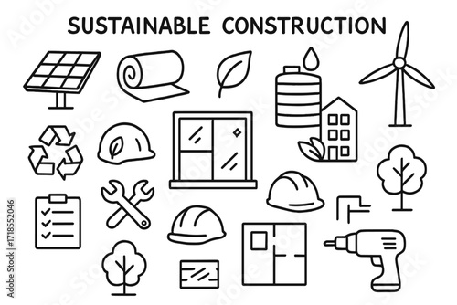 Eco-Friendly Construction Doodles. Hand-drawn doodle illustration Sustainable construction [solar panel, insulation roll, green leaf, wind turbine, recycled