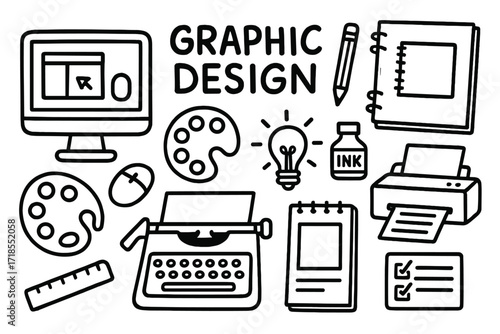 Graphic Design Icons. Graphic Design. Hand-drawn doodle illustration catalog mockup, computer screen, mouse, ruler, pencil, sketchbook, palette, typewriter,