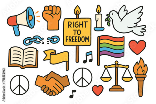 Colorful Freedom Doodle. Colorful Hand-drawn doodle Children illustration Right to freedom protest sign, megaphone, raised fist, candle, broken chain, dove,