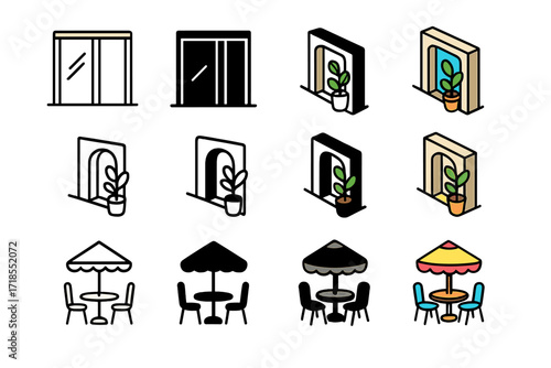 Indoor-Outdoor Icon Set. Icon Set of Indoor-outdoor flow: sliding glass door, potted plant by doorway, patio furniture. Icons set in vector style, emblematic