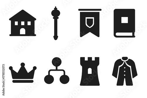 Dynasty Heritage Icons. Solid, filled icon set of dynasty heritage: ancestral home, royal scepter, heraldic banner, ancient book, crown, family tree, castle