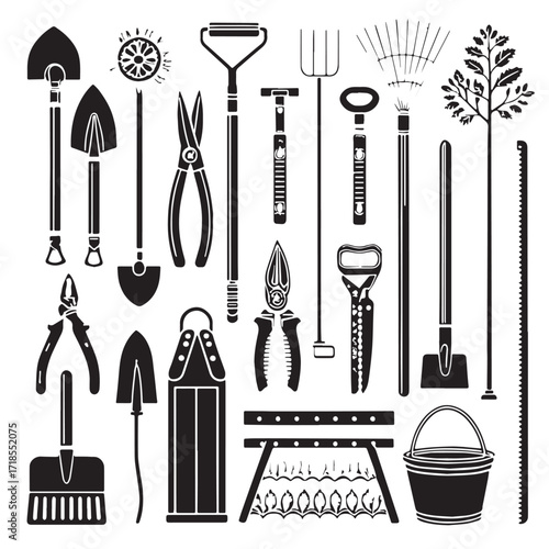 Black outdoor and gardening tools Silhouette Vector, High Quality Illustration on White Background