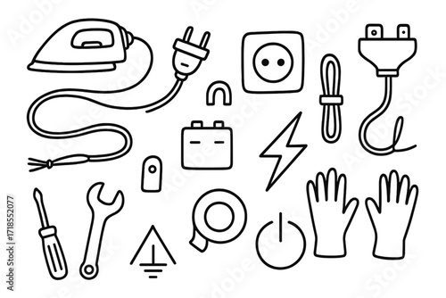 Electrical Doodle Icons. Hand-drawn doodle illustration [Cord and connectors] [iron cord, plug, socket, wire, cable clip, connector, switch, battery, lightning