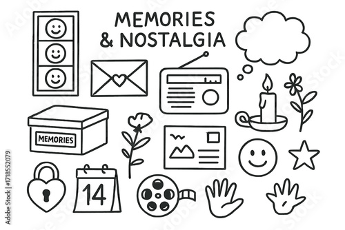 Nostalgia Icons Doodle. Hand-drawn doodle illustration Memories and Nostalgia photo strip, cloud thought bubble, memory box, love letter, vintage radio,