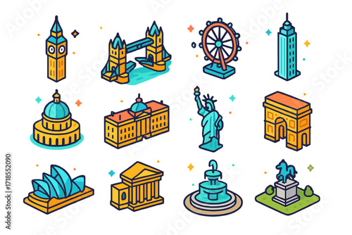 Iconic City Landmarks. Colorful isometric vector icons set of Iconic City Landmarks: clock tower, historic bridge, observation wheel, tall