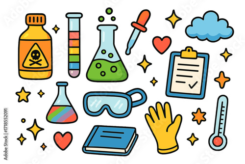 Colorful Science Doodle. Colorful Hand-drawn doodle Children illustration science lab bottles chemical bottle, test tube, flask, dropper, rainbow liquid,