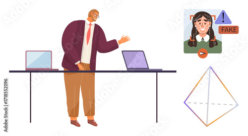 Elderly man pointing at laptops on table, projected media with deepfake warning, geometric shape. Ideal for media literacy, fake news, cybersecurity, education, technology, critical thinking ethics
